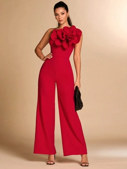 SHEIN BAE 红色不对称肩部紧身优雅 3D 花卉装饰连体裤，适合鸡尾酒会、浪漫约会、冬季打底衫、派对、万圣节、圣诞节