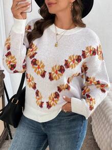 SHEIN LUNE Plus Size Women's Warm Comfortable Casual Western Style Floral Maple Leaf Autumn Pattern Jacquard Round Neck Pullover Autumn Winter Sweaterbusiness Casual Woman,Holiday Outfits,Country Tops