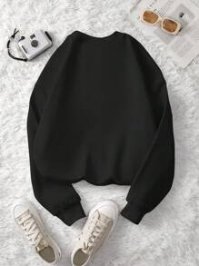 SHEIN LUNE Áo nỉ mỏng nhẹ, đa năng, phong cách tối giản Anh Quốc, thích hợp cho nữ, mặc đi nghỉ mát, thường ngày, thoải mái, dáng rộng, thời trang thu đông xuân, mặc ở nhà. - màu đen - Xem 2