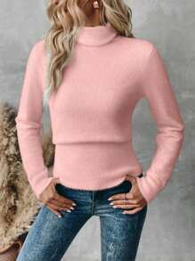 SHEIN LUNE 女士纯色高领长袖休闲套头毛衣，秋冬针织套头衫 - 粉色 - 查看 5