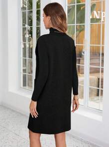 EMERY ROSE 女士前口袋针织背心连衣裙，长款针织裙毛衣连衣裙，秋冬女装 - 黑色 - 查看 2