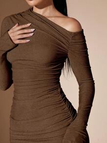 SHEIN BAE Women's Yellow Solid Color Long Sleeve Knitted Slash Shoulder Ruched Bodycon Mini Dress, Autumn/Winter - Coffee Brown - View 7