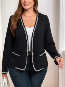 SHEIN Clasi Áo khoác đôi túi viền ruy băng giản dị mùa thu cỡ lớn - màu đen - Xem 6