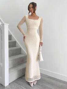 SHEIN Essnce فستان طويل الأكمام أبيض أنيق مزخرف نسيج مضلع مناسب لعيد الشكر ، فستان خريفي، فستان كاجوال بلون أبيض مصمم بتداخل دانتيل على الرقبة المربعة - لون مشمشي - مشاهدة 2