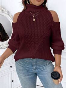 Calvaya Plus Size Casual Solid Color Turtleneck Cold Shoulder Sweater, Autumn/Winter