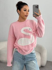 SHEIN Unity 女士休闲天鹅图案粉色针织毛衣，秋冬季百搭针织套头衫 - 彩色 - 查看 5