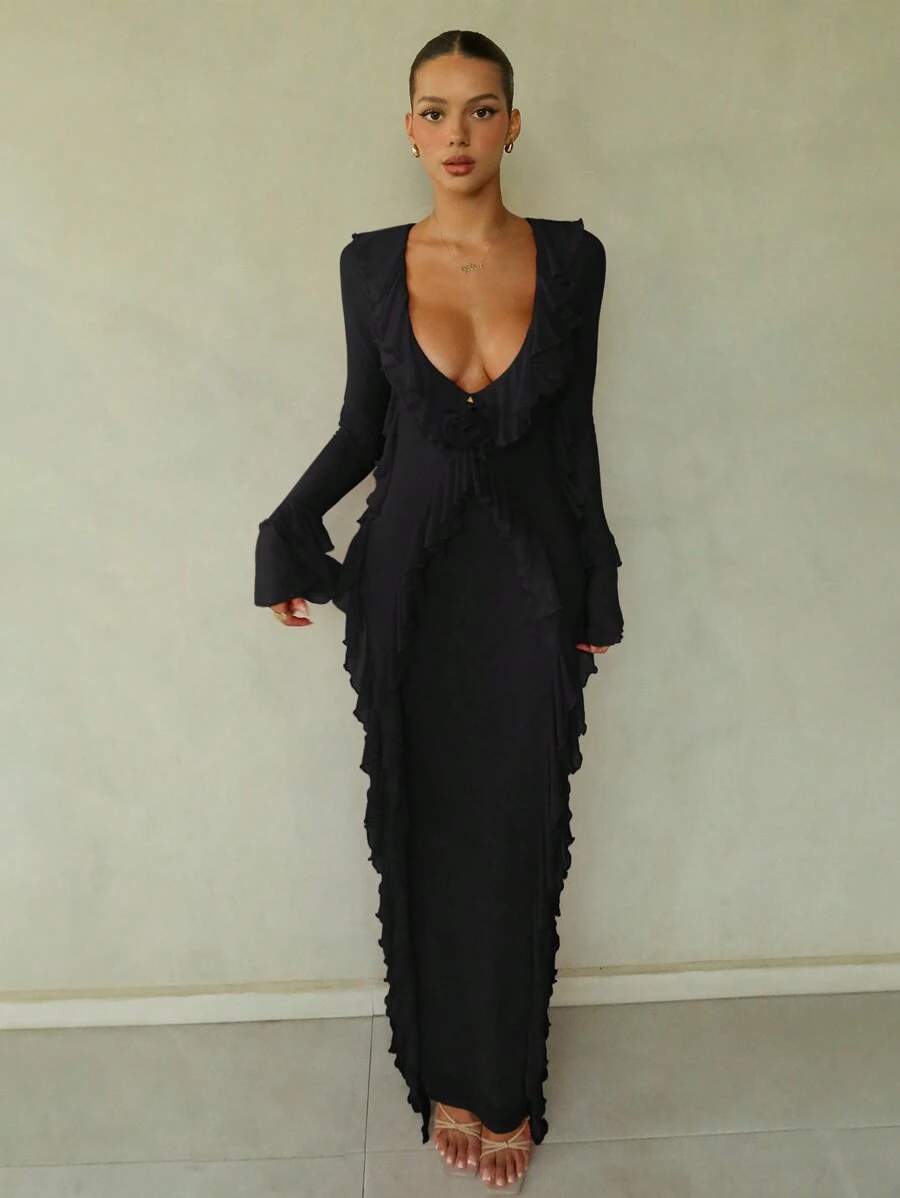 SHEIN BAE 1 chiếc váy dài tay xẻ tà cổ chữ V sâu màu đỏ trơn cho nữ, thanh lịch và gợi cảm, thích hợp mặc vào mùa thu/đông làm lớp lót, tiệc cocktail, hẹn hò lãng mạn, tiệc tùng, phù dâu dự tiệc cưới, đi chơi đêm, Halloween, Giáng sinh - màu đen - Xem 1