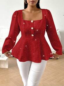 Flirla Plus Size Autumn/Winter Square Collar Textured Fabric Long Sleeve Shirt With Decorative Buttons And Peplum Hem, Elegant And Cute For Dating For New Year Clothes Peplum Top Fall Cloth For Women