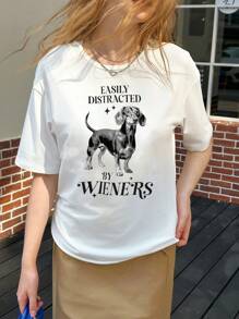 SHEIN Unity 女士休闲趣味腊肠犬印花宽松短袖圆领 T 恤图案 T 恤女式上衣 - 白色 - 查看 5