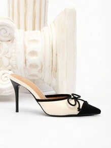 CUCCOO CHICEST Women's Classic Black And White Splicing Elegant Romantic Bow Pointed Toe Stiletto Mule Slip-On Heels, Date, Party, Banquet Valentines - White - View 7