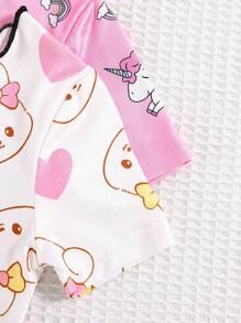 4 件套少女睡衣套装，心形图案短袖上衣和罗纹紧身裤，贴身家居服