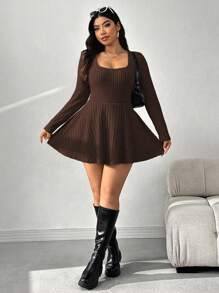 SHEIN EZwear Combinaison côtelée à col carré grande taille, style casual pour l'automne