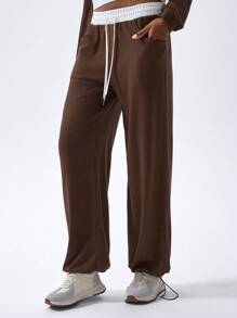 VARSITIE Kontrastfarbige Passe für locker sitzende Sporthosen für Damen - Braun - Übersicht 4