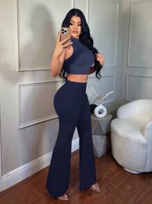 SHEIN SXY Low Waist Solid Flare Leg Skinny Suit Pants Party Sexy Elegant Date Night Party In Fall/Winter - Navy Blue - View 5