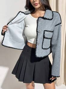 SHEIN EZwear Contrast Color Trim Front Button Pocket Cropped Long Sleeve Overcoat
