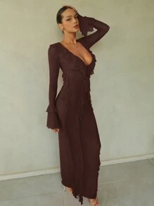 SHEIN BAE 女款棕色調深V領荷葉邊長袖洋裝，優雅性感極簡設計，適合秋季雞尾酒會、夜生活、約會、婚禮 - 咖啡棕 - 查看 4