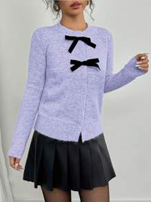 Elenzga Women's Autumn/Winter Bow Decor Casual Loose Cardigan - Purple - View 3