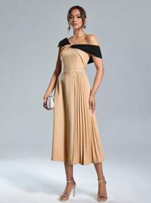 SHEIN Belle Vestido de fiesta elegante de mujer con bloque de colores, cuello asimétrico, cintura fruncida, para verano, semi formal, para fiesta de graduación, boda, invitados