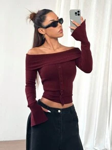 Flirla 1pc Sexy Off Shoulder Special Button Highly Colorful Knit Sweater