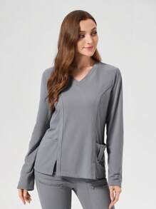 Scrubzie Women Moisture-Wicking Functional Fabric Long Sleeve V-Neck Top With 2 Pockets, Healthcare Scrub Uniform Top