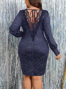 SHEIN Clasi Plus Size Women Lace Patchwork V-Neck Backless Sequin Dress - Royal Blue - View 3