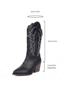 ROMWE Fairycore Women's Embroidered Cowgirl Boots, European And American Retro Chunky Heel Round Toe Mid-Calf Boots, Plus Size