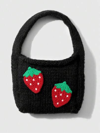 Kawaii 1pc INS Korean Retro Cute Simple Dark Gothic Style Black Knitted Fluffy Strawberry Decoration Bow Handbag, Shoulder Bag, Tote Bag, Suitable For Women, Daily Carry, Holiday Gift Valentines