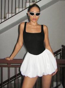 SHEIN ICON Vestito a camicia mini con orlo a volant a blocchi di colore - Bianco e nero - Visualizzare 3