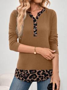 EMERY ROSE Áo phông nữ - Đầm nữ mùa đông họa tiết da báo đen, Quần áo nữ mùa thu - màu nâu - Xem 5