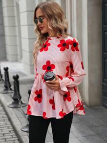 SHEIN LUNE 2024 Autumn New Floral Print Pink Cute Ladies Shirt Blouse
