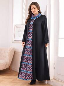Mulvari Plus Size Women Geometric Print Mock Neck Long Sleeve Dress Maxi Women Outfit - Multicolor - View 6