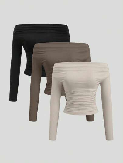 Sweetra Conjunto de 3 piezas para mujer: Blusa de manga larga hombros descubiertos, blusas cortas entalladas, cómodas y amigables con la piel, versátil y estilizador