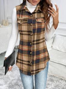 SHEIN LUNE Plaid Print Revers Voorkant Knoop Casual Mouwloos Vest Jasje