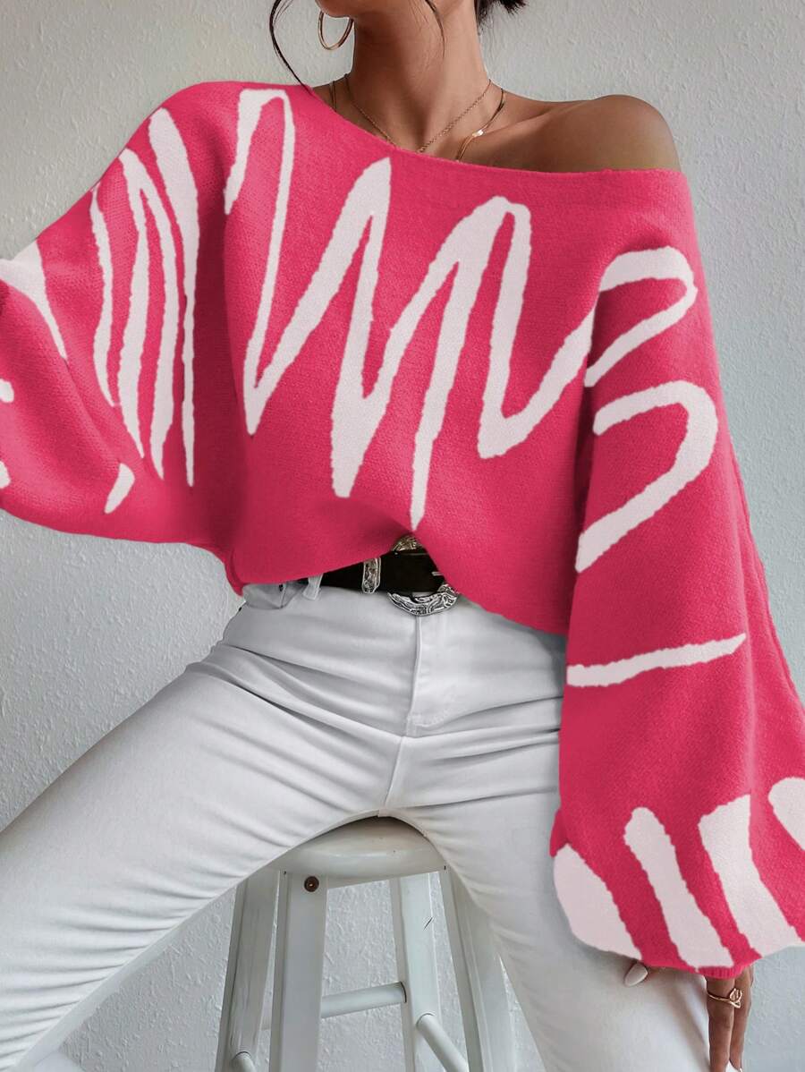 Chiquease All Over Print Boat Neck Casual Pullover Sweater Knit Pullover Fall Winter - Multicolor - View 1