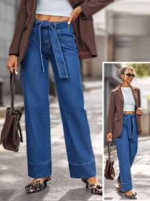 SHEIN Essnce 女士休闲洗水系腰直筒牛仔裤 - 藍色 - 查看 3