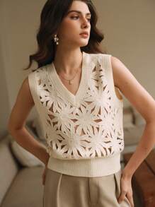 Anewsta Elegant Luxury Vacation V-Neck Openwork Beaded Loose Knit Sweater Top, Christmas & New Year For Women - White - View 3