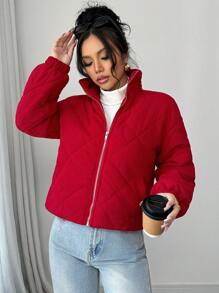 Chiquease Áo khoác đệm bông ngắn màu đỏ cho phụ nữ, phong cách quần áo mùa đông mới cho quần áo năm mới - Đỏ - Xem 3