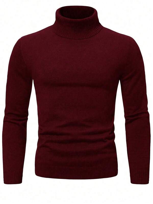 Manfinity Homme Herren Pullover in großen Größen, Einfarbiger langer Arm Lässig Strick Pullover mit hohem Kragen, Herbst/Winter Rot Rollkragen Pullover für Herren