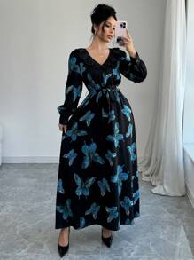 Chiquease Vestido midi con cuello en V, cintura ceñida, volantes en el bajo y estampado de mariposas - Elegante y vintage. Vestido maxi favorecedor para mujer, ropa de otoño