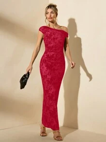 SHEIN BAE Women's Solid Black Asymmetrical Shoulder Gathered Slim Long Dress, For Summer & Autumn Seasons