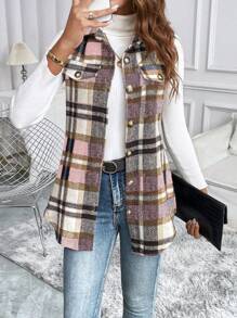 EMERY ROSE Plaid Print Lapel Front Button Casual All-Match Sleeveless Vest - Multicolor - View 5