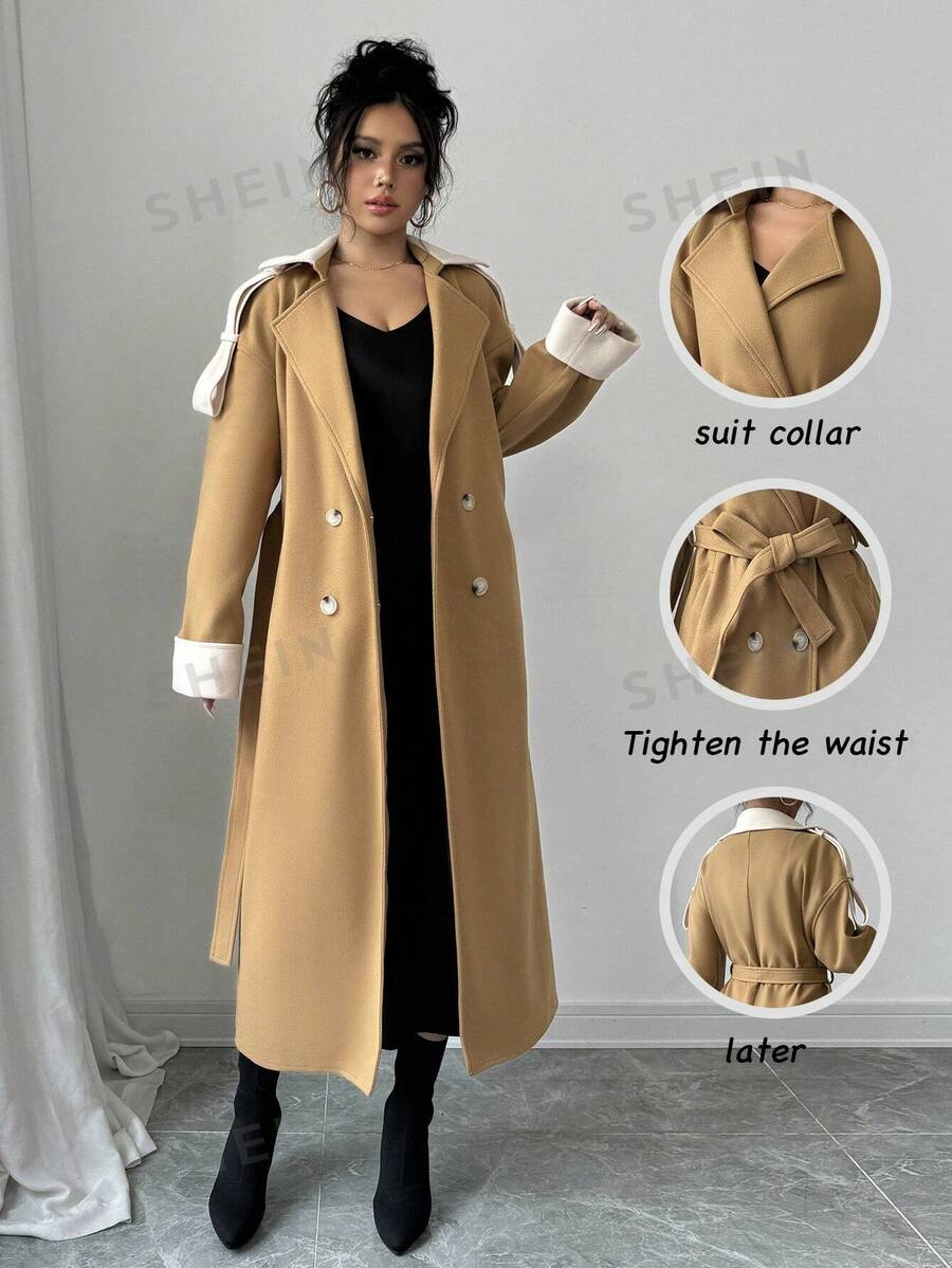 Elenzga Abrigo largo colorblock con doble botonadura informal y elegante para mujer, otoño - Caqui - Ver 1