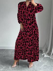 Chiquease Đầm dài thường ngày rộng rãi cổ chữ V họa tiết da báo, trang phục thu đông năm mới cho phụ nữ - Đỏ - Xem 5