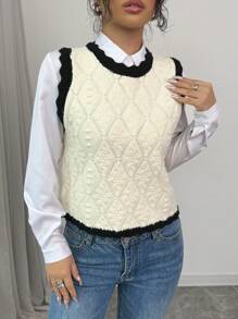 SHEIN Unity 法式简约黑白撞色几何图案女款常规针织背心，秋冬款 - 杏色 - 查看 5