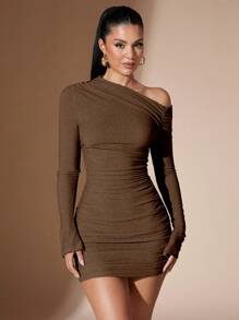 SHEIN BAE Women's Yellow Solid Color Long Sleeve Knitted Slash Shoulder Ruched Bodycon Mini Dress, Autumn/Winter - Coffee Brown - View 5