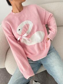 SHEIN Unity 女士休闲天鹅图案粉色针织毛衣，秋冬季百搭针织套头衫 - 彩色 - 查看 4