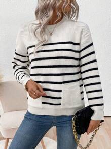 SHEIN LUNE Sweater Kasual Leher Bulat Motif Garis-Garis Blok Warna untuk Musim Gugur & Musim Dingin, Pullover Rajut Musim Gugur - Aprikot - View 1