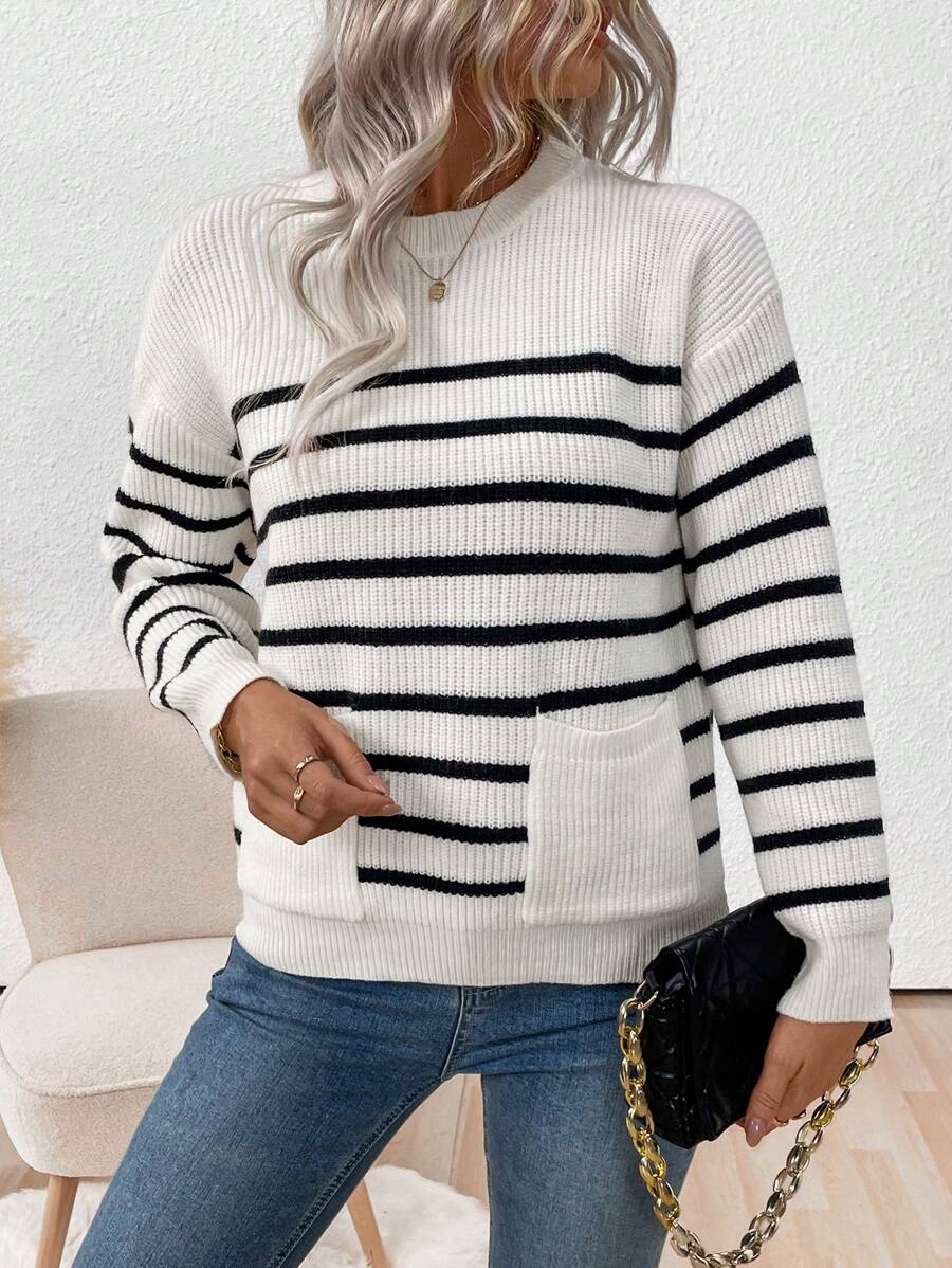 SHEIN LUNE Sweater Kasual Leher Bulat Motif Garis-Garis Blok Warna untuk Musim Gugur & Musim Dingin, Pullover Rajut Musim Gugur - Aprikot - View 1