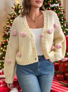 SHEIN Privé Plus Size Cozy Casual V-Neck Heart-Shaped 3D Decor Cute Romantic Date Cropped Cardigan For Women, Fall/Winter - Apricot - View 1