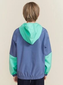 SHEIN Tween Boy 双色拉链连帽夹克，休闲宽松长袖，秋冬 - 藍色 - 查看 2